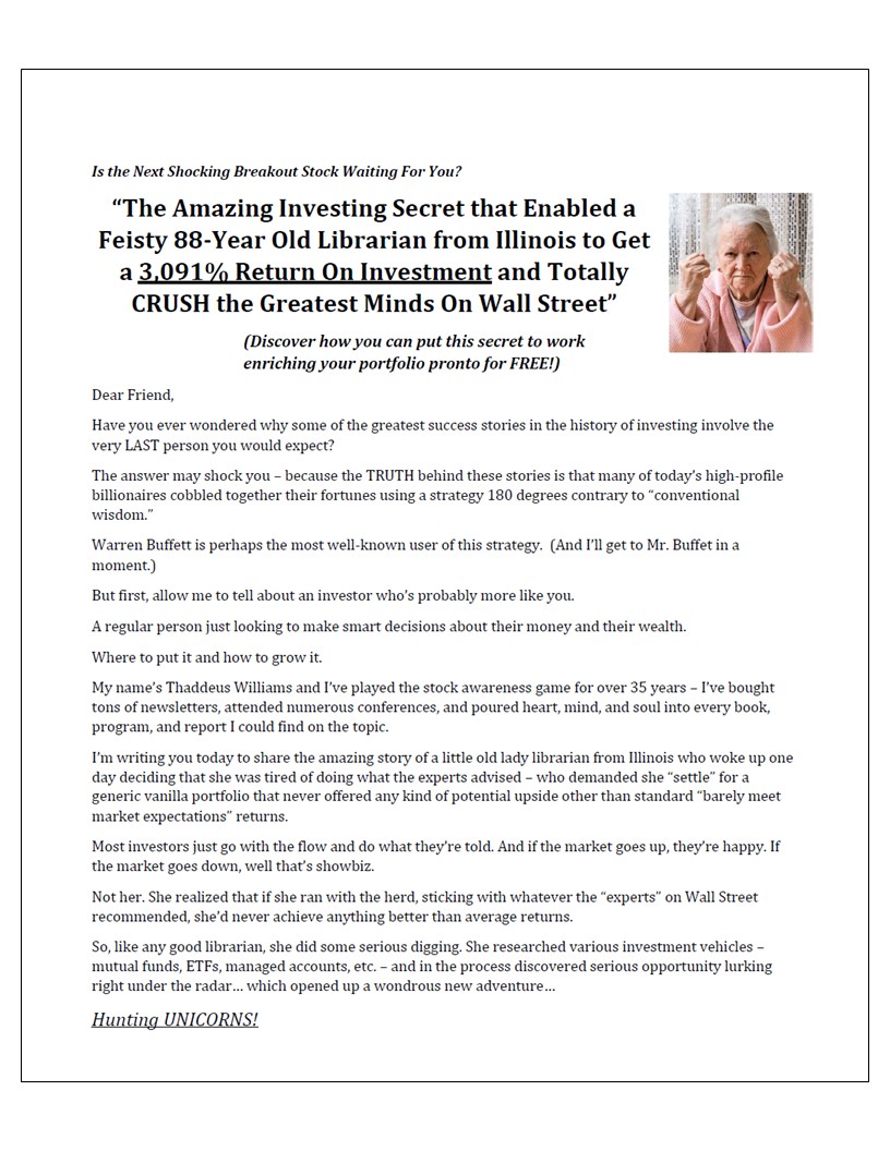 Unicorn Hunter financial investment letter